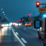 Lézeres sebességmérő készülék közúton éjszaka, piros lámpákkal