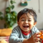 Egy boldog egyke gyermek játék közben, színes labdákkal.