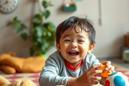 Egy boldog egyke gyermek játék közben, színes labdákkal.
