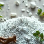 Kovaföld fehér por és friss levelek egészségügyi célokra.