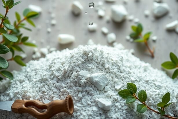 Kovaföld fehér por és friss levelek egészségügyi célokra.