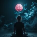 Nő meditál a marihuána füstjében levő agyi hatások vizualizálásakor