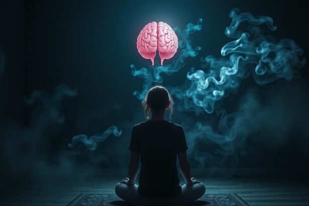 Nő meditál a marihuána füstjében levő agyi hatások vizualizálásakor