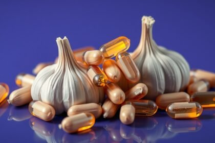 Fokhagyma és kapszulák, egészségügyi előnyök táplálékkiegészítőként.
