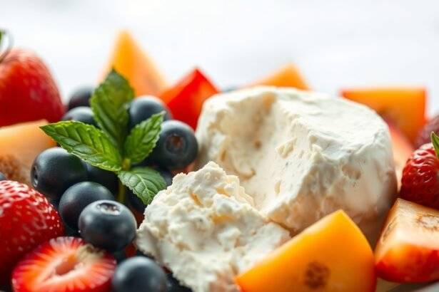 Túró és friss gyümölcsök tányéron, egészséges étkezés
