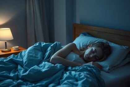 Fiatal nő nyugodtan alszik egy sötét szobában, melatonin pihenés közben.