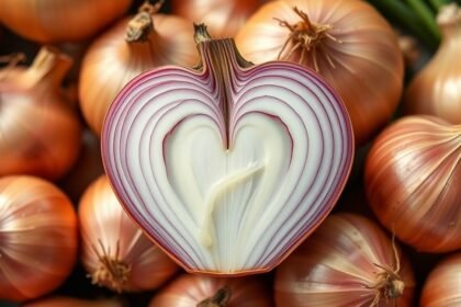 Szeletelt hagyma szív alakú belső résszel, más hagymák között.