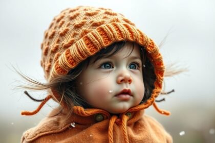 Egy kisgyermek szeles időben, narancssárga sapkában