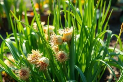 Póréhagyma virágzó növény a kertben, zöld leveleik között.