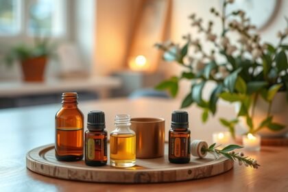Esszenciális olajok különböző formában asztalon
