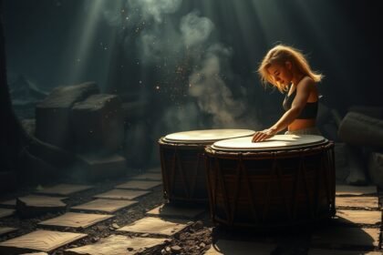 Női türelmetlen zeneiség a doboknál, spirituális meditációban.