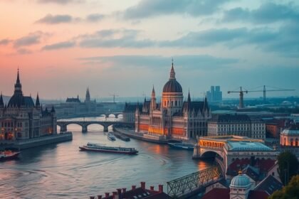 A magyar Parlament épülete a Duna partján gyönyörű naplementében.