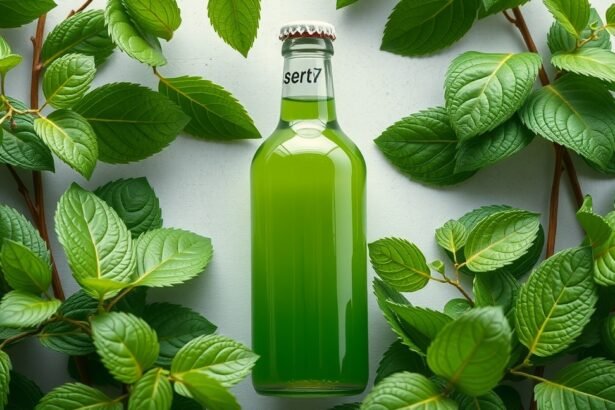 Folyékony klorofill üveg zöld levelekkel körülvéve.