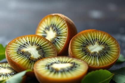 Frissen vágott kiwi gyümölcs szeletek levelekkel díszítve.