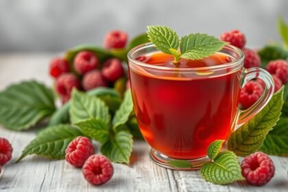 Friss málnalevél tea málnával és levelekkel