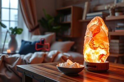 Himalájai sólámpa meleg fényében otthoni környezetben