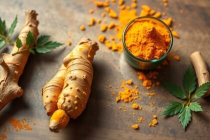 Friss kurkuma gyökerek és fűszerpor képe, zöld levelekkel.