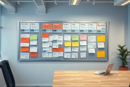 Kanban táblázat otthoni irodában, projektmenedzsment segédeszköz.