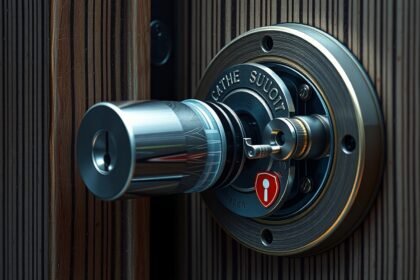 Zár részlete, amely bemutatja a kulcslyukat és a reteszt.