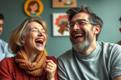 Két ember nevet, ami a humor erejét szimbolizálja.