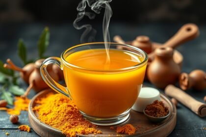 Gőzölgő kurkuma tea, egészséges életmód részeként.