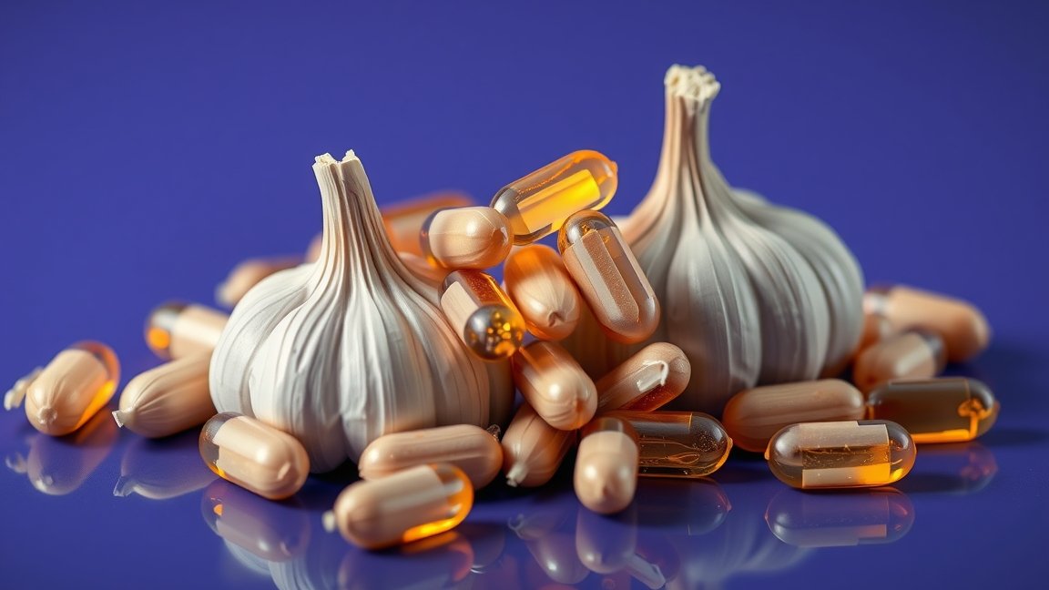 Fokhagyma és kapszulák, egészségügyi előnyök táplálékkiegészítőként.