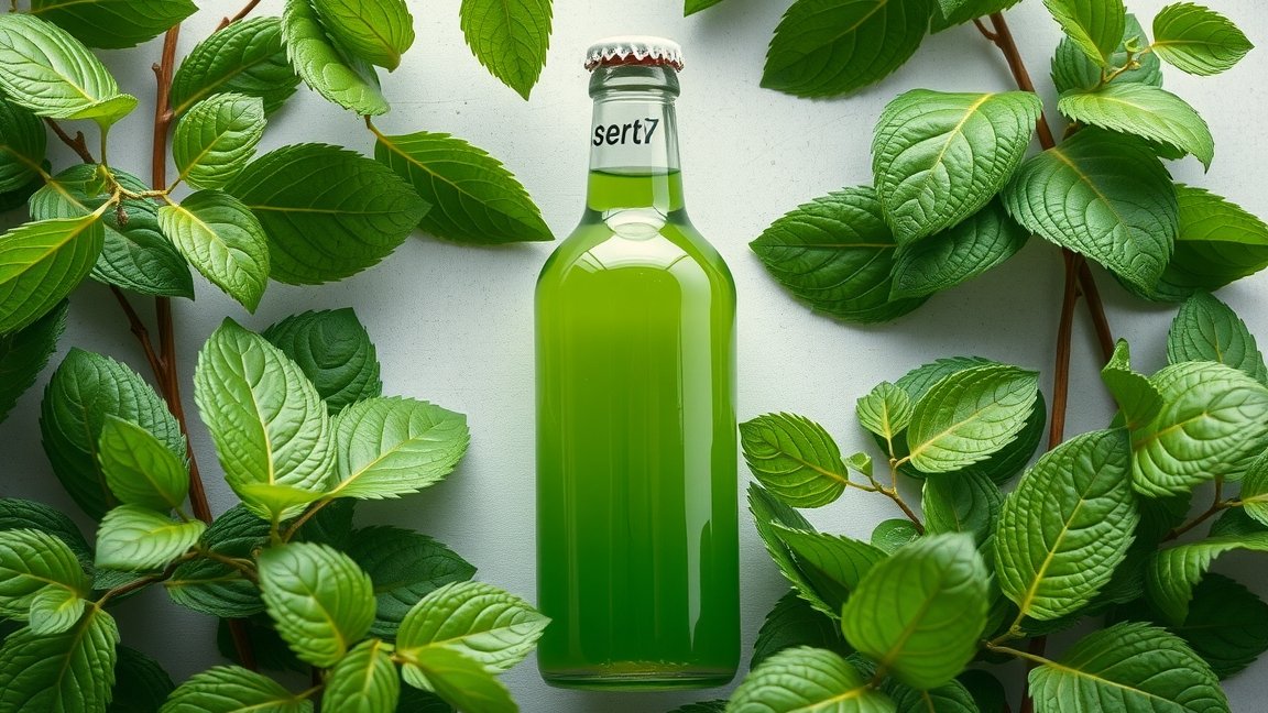 Folyékony klorofill üveg zöld levelekkel körülvéve.