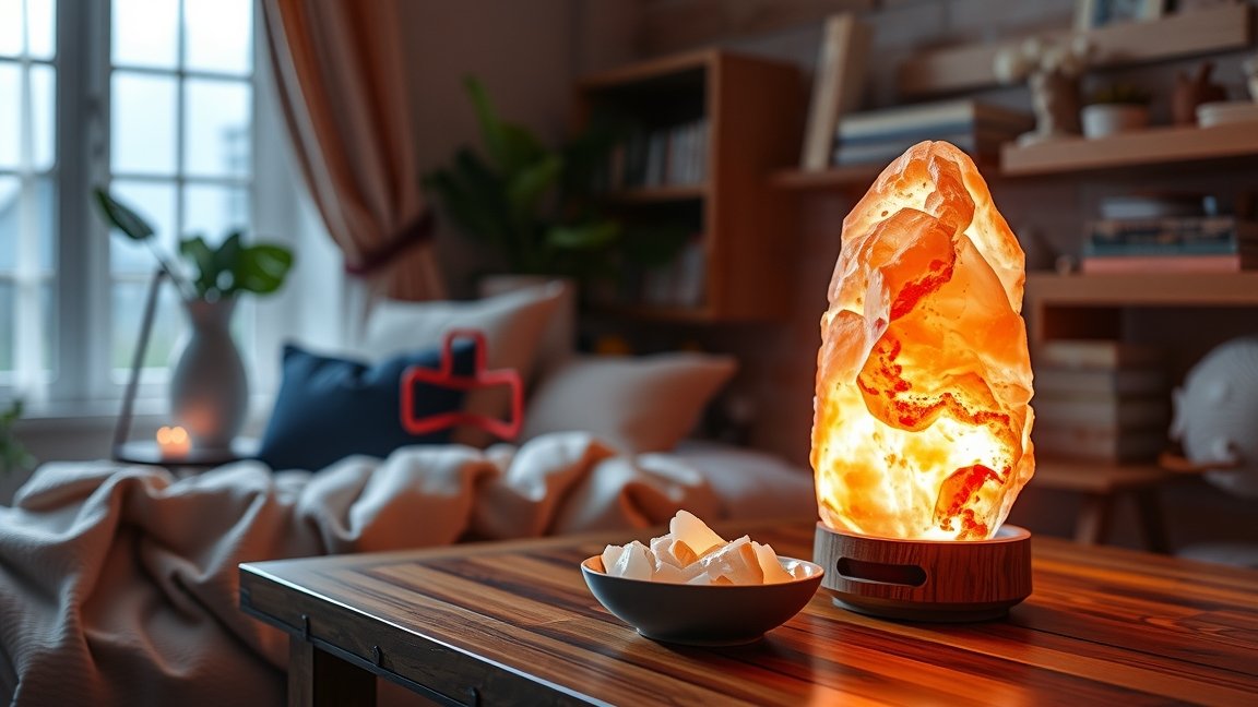 Himalájai sólámpa meleg fényében otthoni környezetben