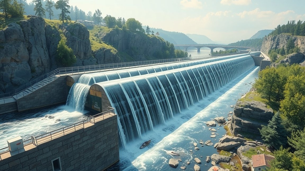 Hallépcső folyón örvénylő víz alatt, halak vándorlásának segítésére.