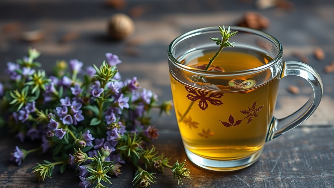 Friss kakukkfű tea virágokkal egy üvegpohárban.