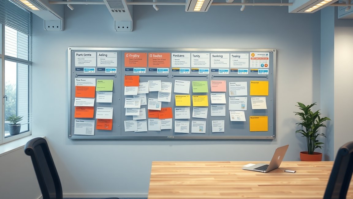 Kanban táblázat otthoni irodában, projektmenedzsment segédeszköz.