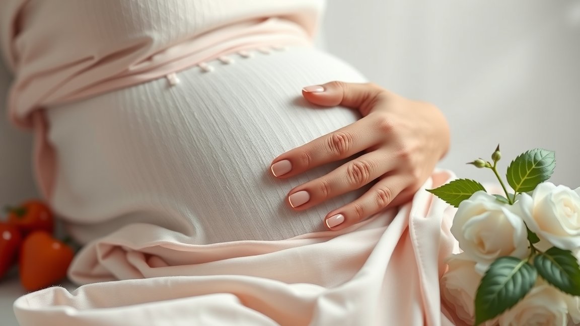 Várandós nő keze a terhes hasán, rózsákkal és zöldségekkel