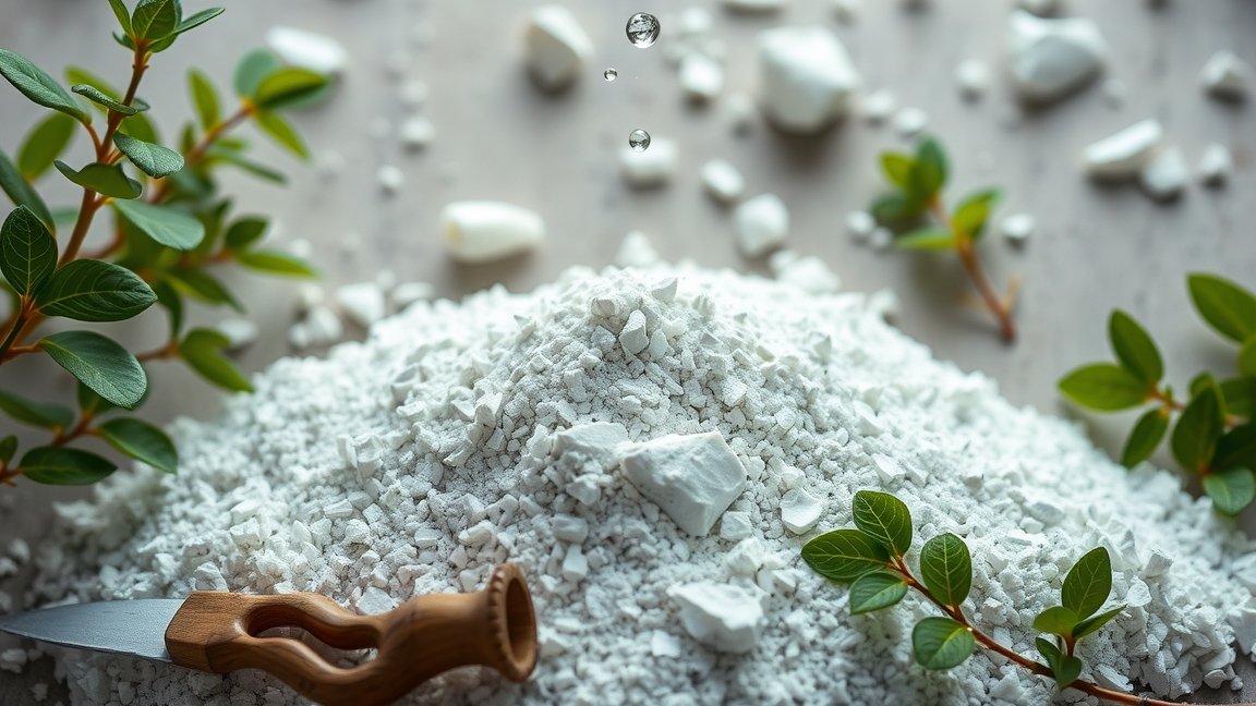 Kovaföld fehér por és friss levelek egészségügyi célokra.