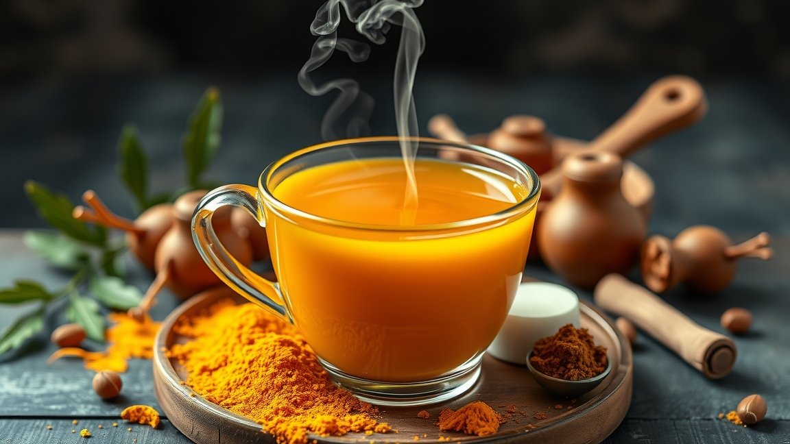 Gőzölgő kurkuma tea, egészséges életmód részeként.