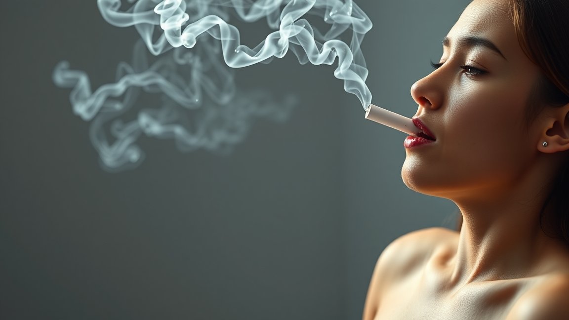 Dohányzó nő, aki cigarettát szív, látható füsttel.