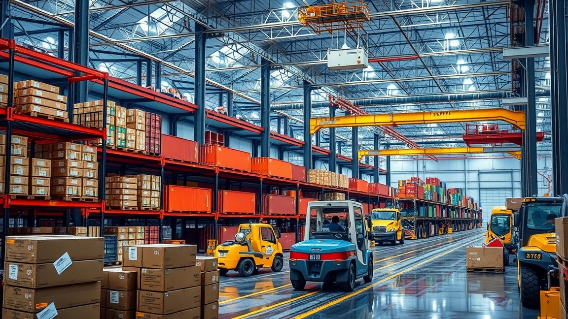 Modern raktár logisztikai folyamatokkal és szállítmányozási járművekkel