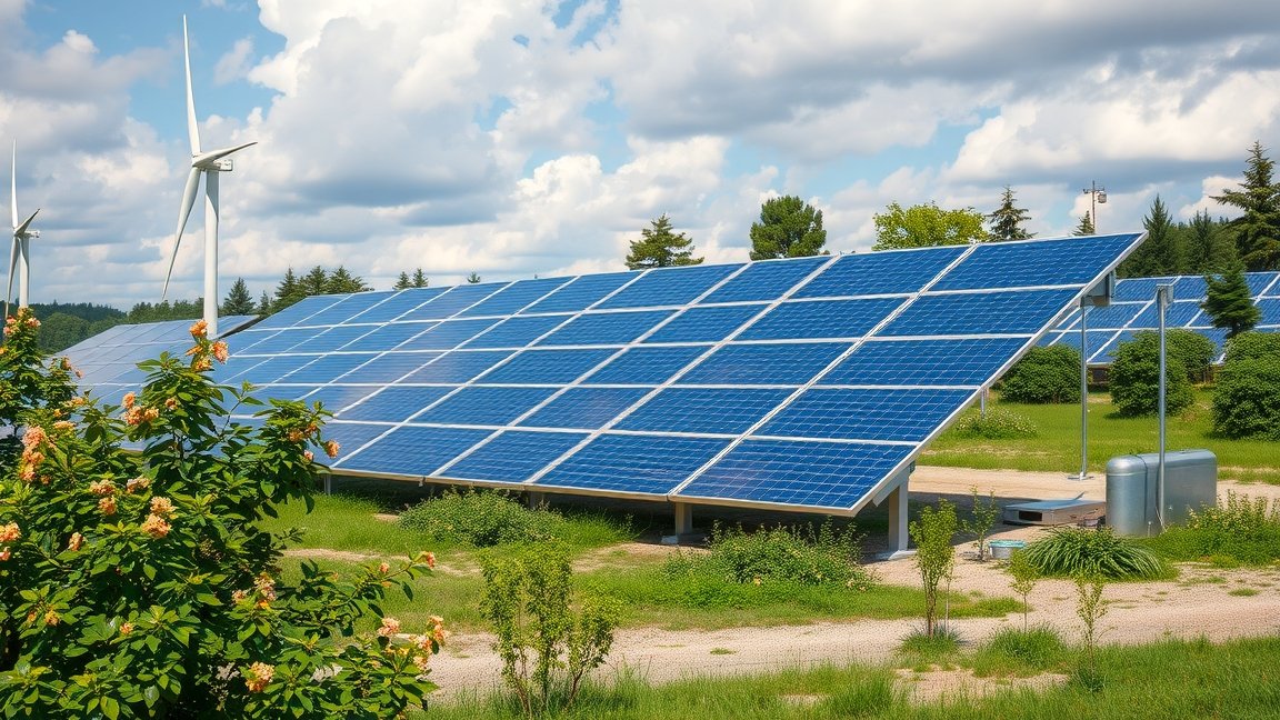Napenergia panelek egy napon, szélkerekekkel és zöld környezettel.
