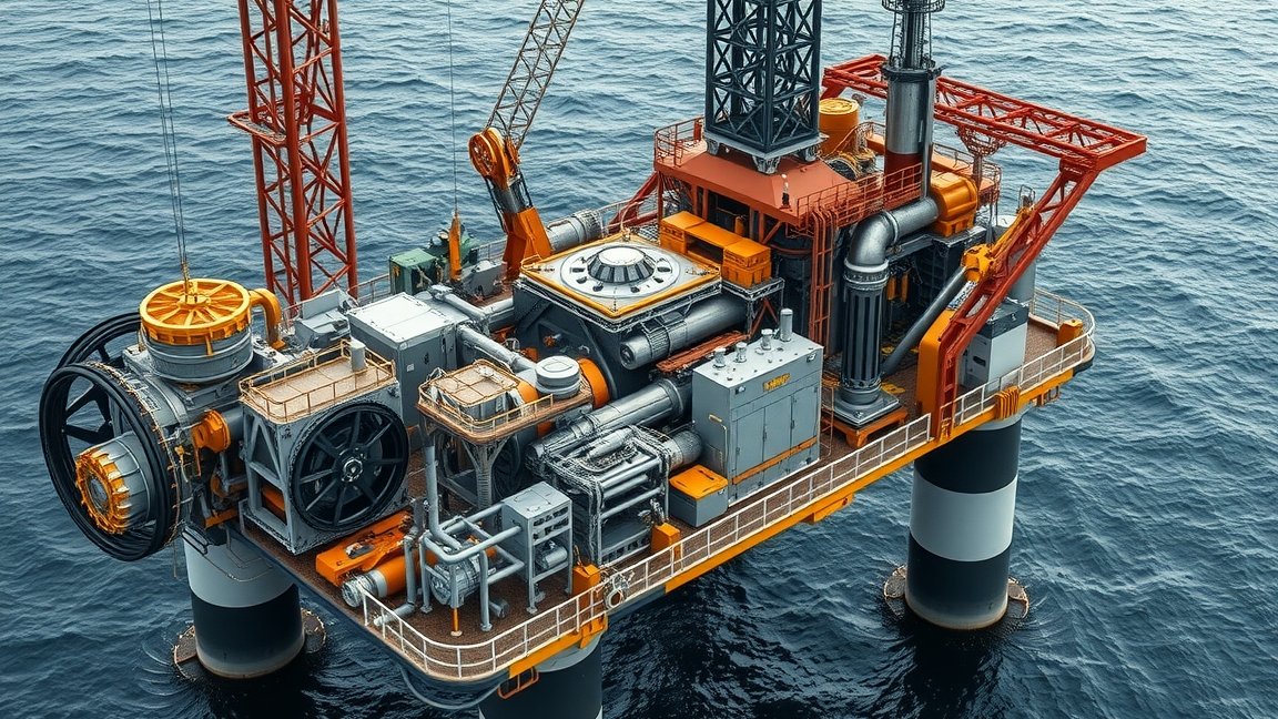 Olajfúrótorony a tenger felett, részletes műszaki alkatrészekkel.