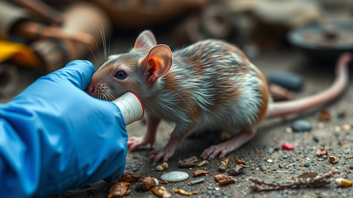 Patkány etetése laboratóriumi környezetben, műanyag cső segítségével.