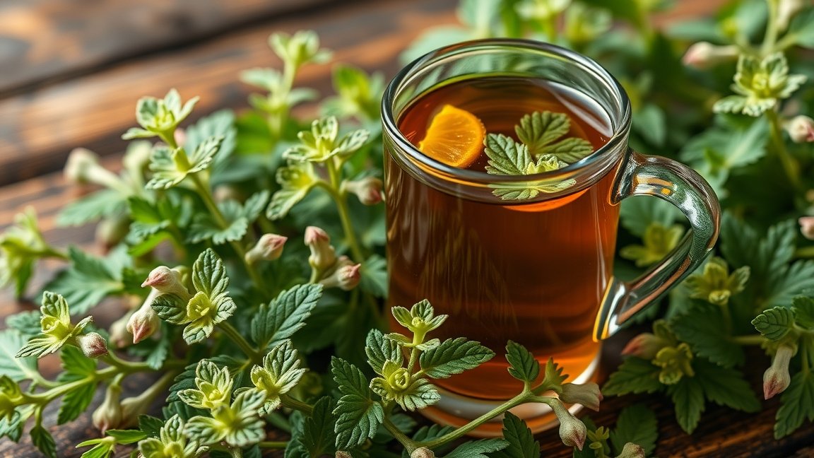 Szurokfű tea friss gyógynövényekkel és lime szelettel