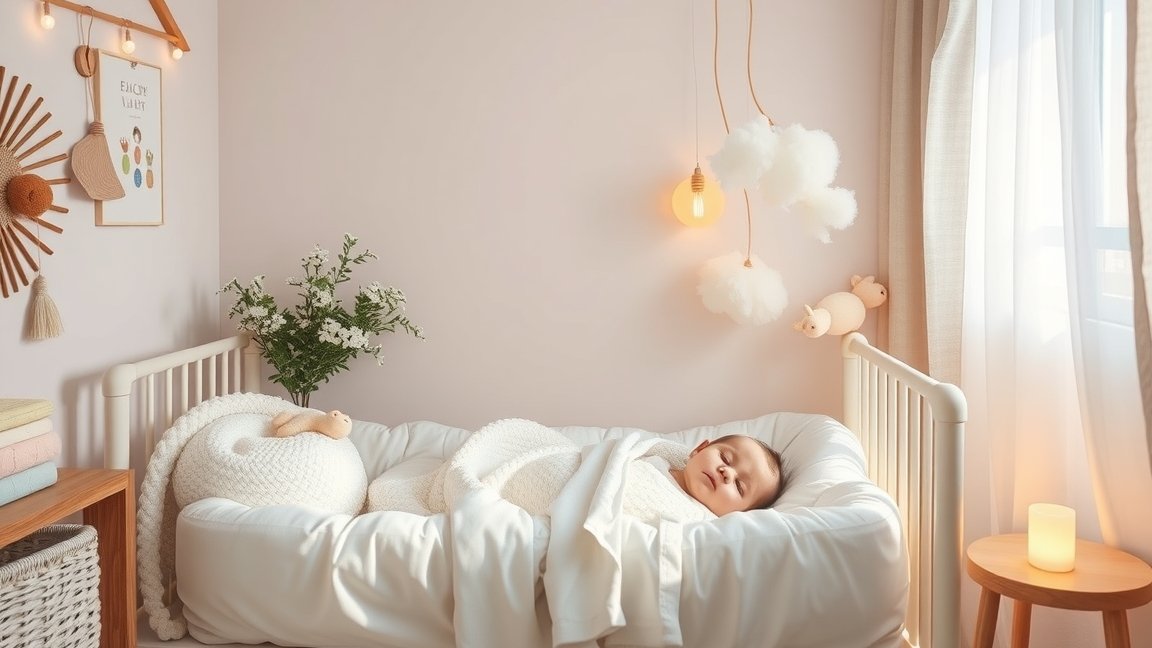 Baba fészekben alvó kisbaba biztonságos környezetben.