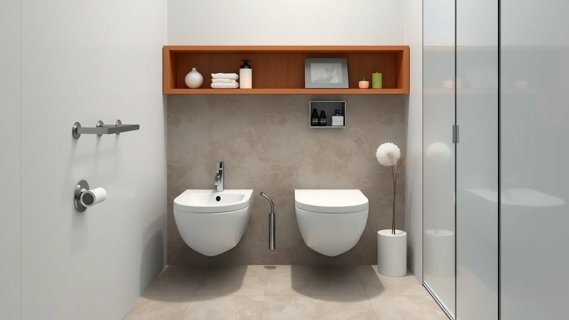 Modern bidé és toalett fürdőszobai elrendezés