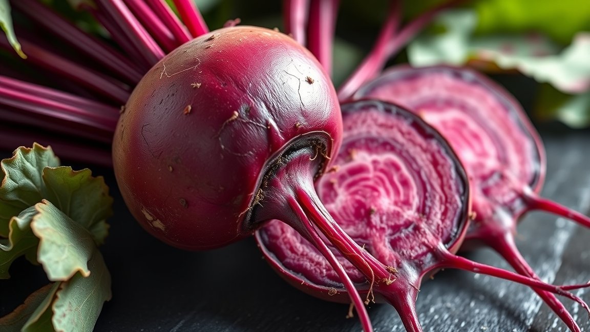 Friss cékla és szeletek, gazdag tápanyagokban.