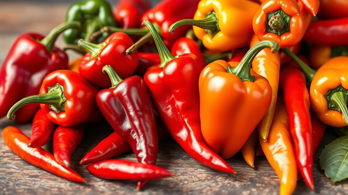 Friss és színes chili paprikák egy asztalon, változatos fajtákban.
