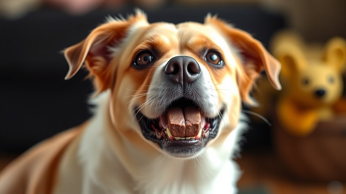 Kedves kutya boldogan tart egy falat csokit a szájában.