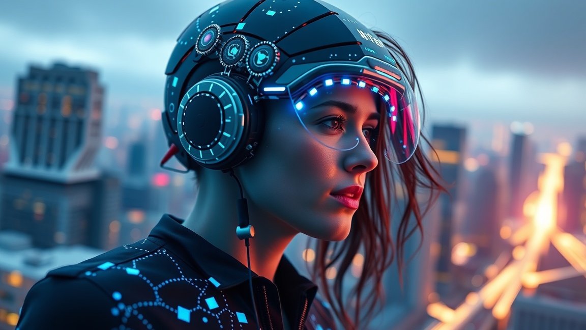 Futurista női figura digitális fejmaszkban városi háttér előtt