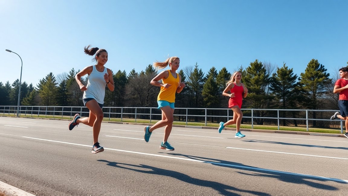 Négy futó a szabadban, napfényes környezetben