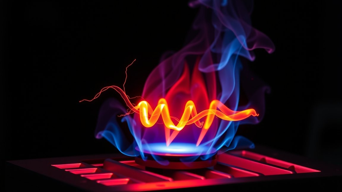 Fűtőszál által kibocsátott fény és hőenergia látványos ábrázolása.