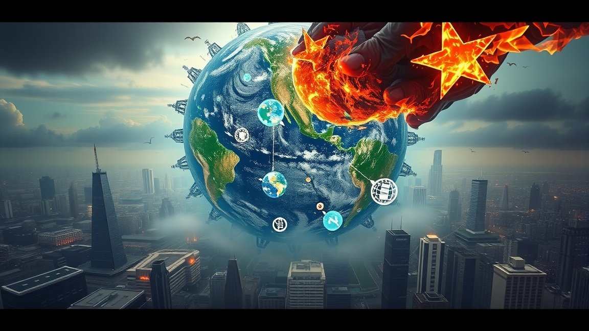 A világ és a globalizáció hatásai művészi ábrázolása.