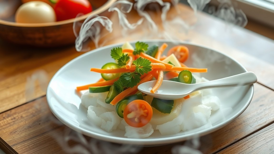 Gőzölt zöldségek tálja friss fűszernövényekkel